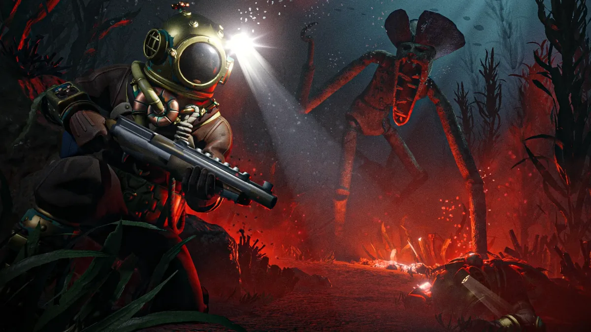 ABYSS key art: a diver with a shotgun faces a towering creature in a red-lit kelp forest.