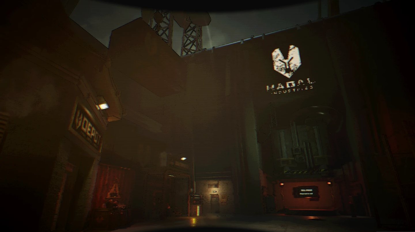 The Hadal Industries plaza at night, lit by work lamps.