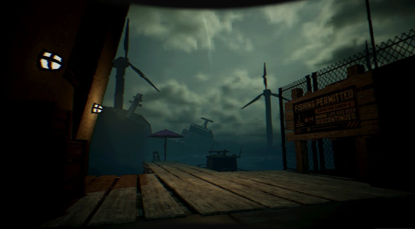 A weathered dock under a storm, with wind turbines and a capsized ship beyond.