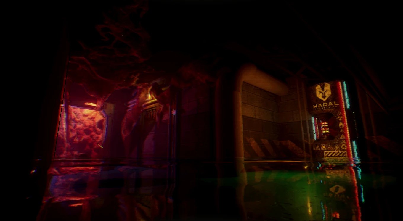A flooded corridor, red growth over the walls and an HPR-7 station glowing at the far end.