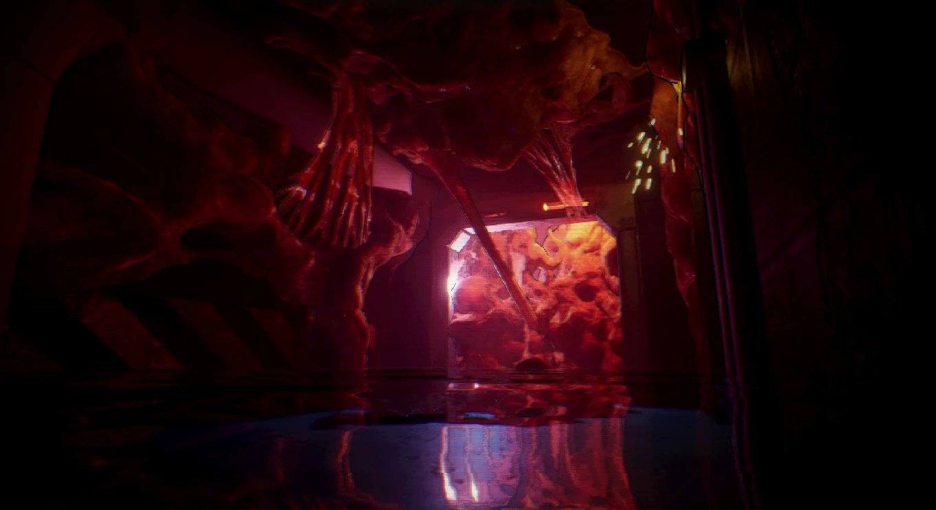 A doorway choked with red, fleshy growth, reflected in the water on the floor.