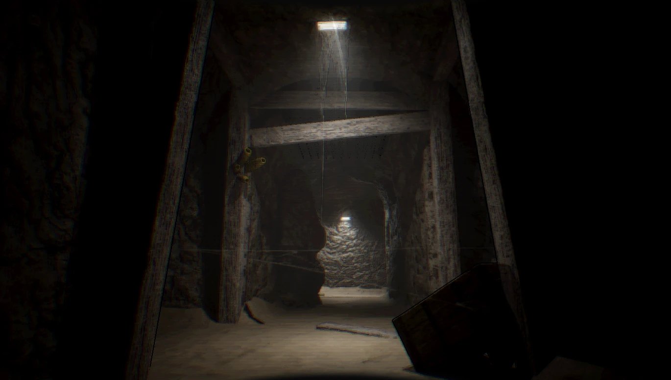 A timber-propped mine tunnel under a single lamp, a crate tipped on its side.