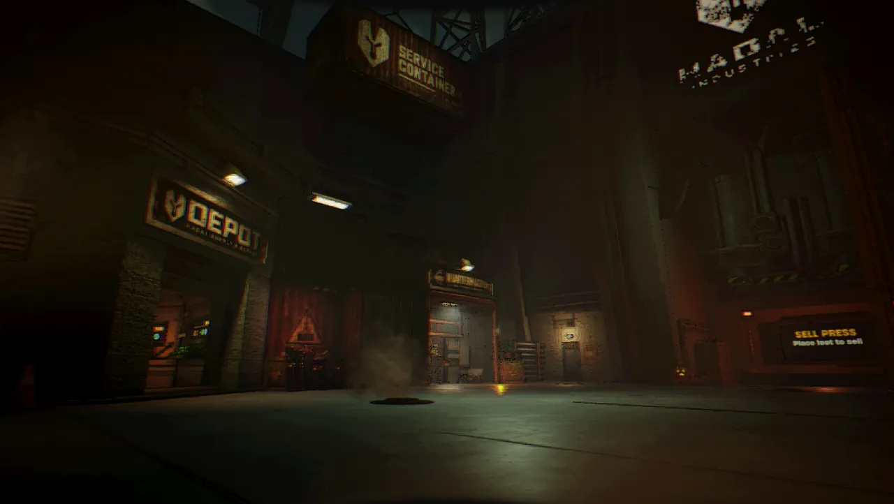 The Repair Dock plaza at night: the Depot on the left, the sell press on the right.