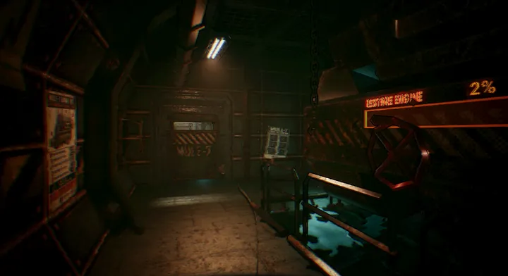 The engine room, a red crank wheel under a screen reading restore engine.