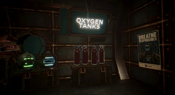 Oxygen tanks racked under a sign reading oxygen tanks, beside two diving helmets.