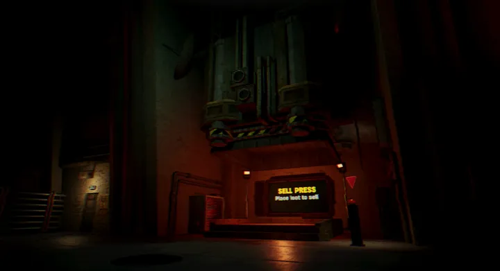 The sell press, a heavy stamping machine with a screen reading: place loot to sell.