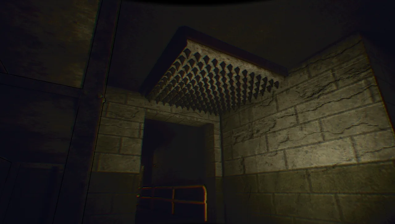 A spike trap: a ceiling of iron spikes over a doorway in a stone corridor.